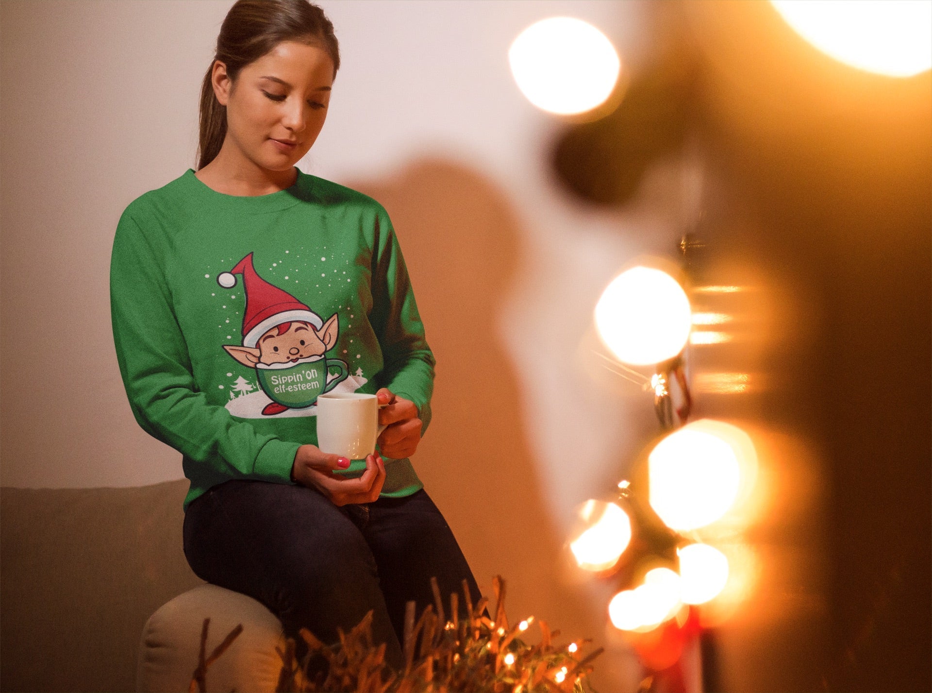 Sippin' on elf-esteem™ - Women's Crewneck Sweatshirt for Christmas: Style, Comfort, and Ethical Production