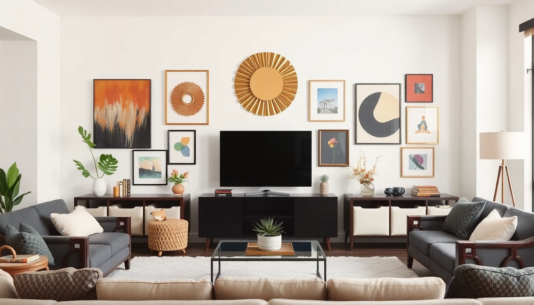 A cozy living room with diverse modern wall art