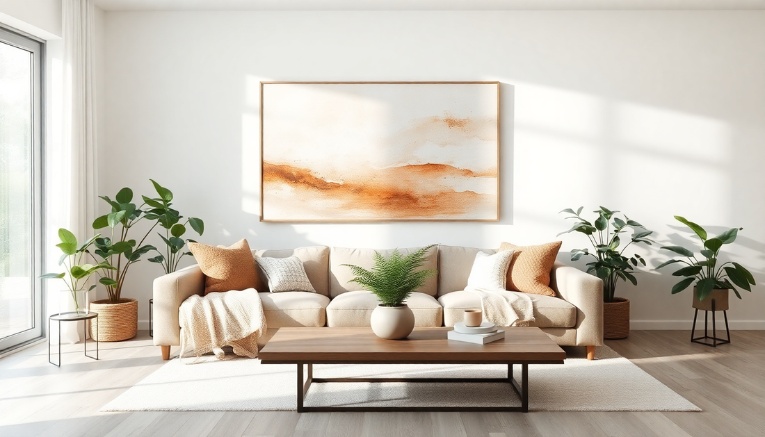 Modern living room showcasing how to choose wall art for your home with abstract painting above sofa