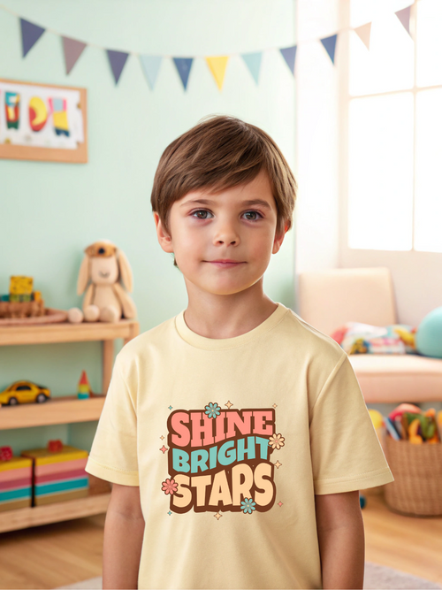 CIASARA boys graphic t-shirt with Shine Bright Stars design worn by young boy indoors