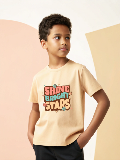 CIASARA boys graphic t-shirt with Shine Bright Stars print in pastel colors on beige fabric