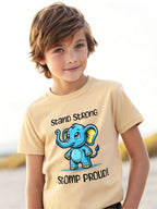 CIASARA boys beige cute elephant t-shirt for kids with blue cartoon elephant and motivational text