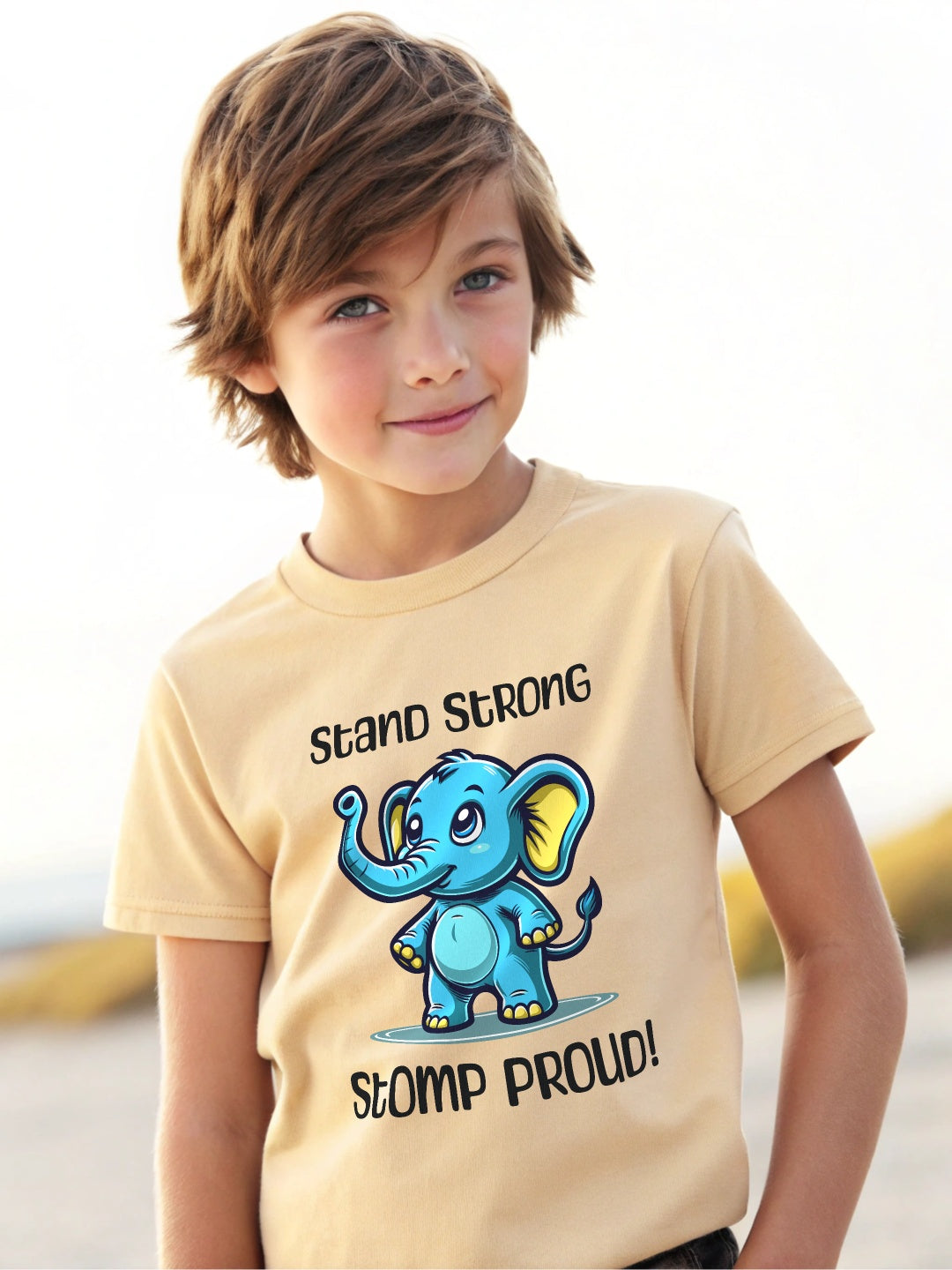 CIASARA boys beige cute elephant t-shirt for kids with blue cartoon elephant and motivational text