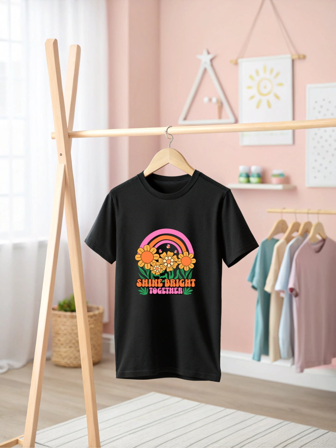 CIASARA black floral t-shirt for girls with colorful flower and rainbow graphic hanging on wooden rack
