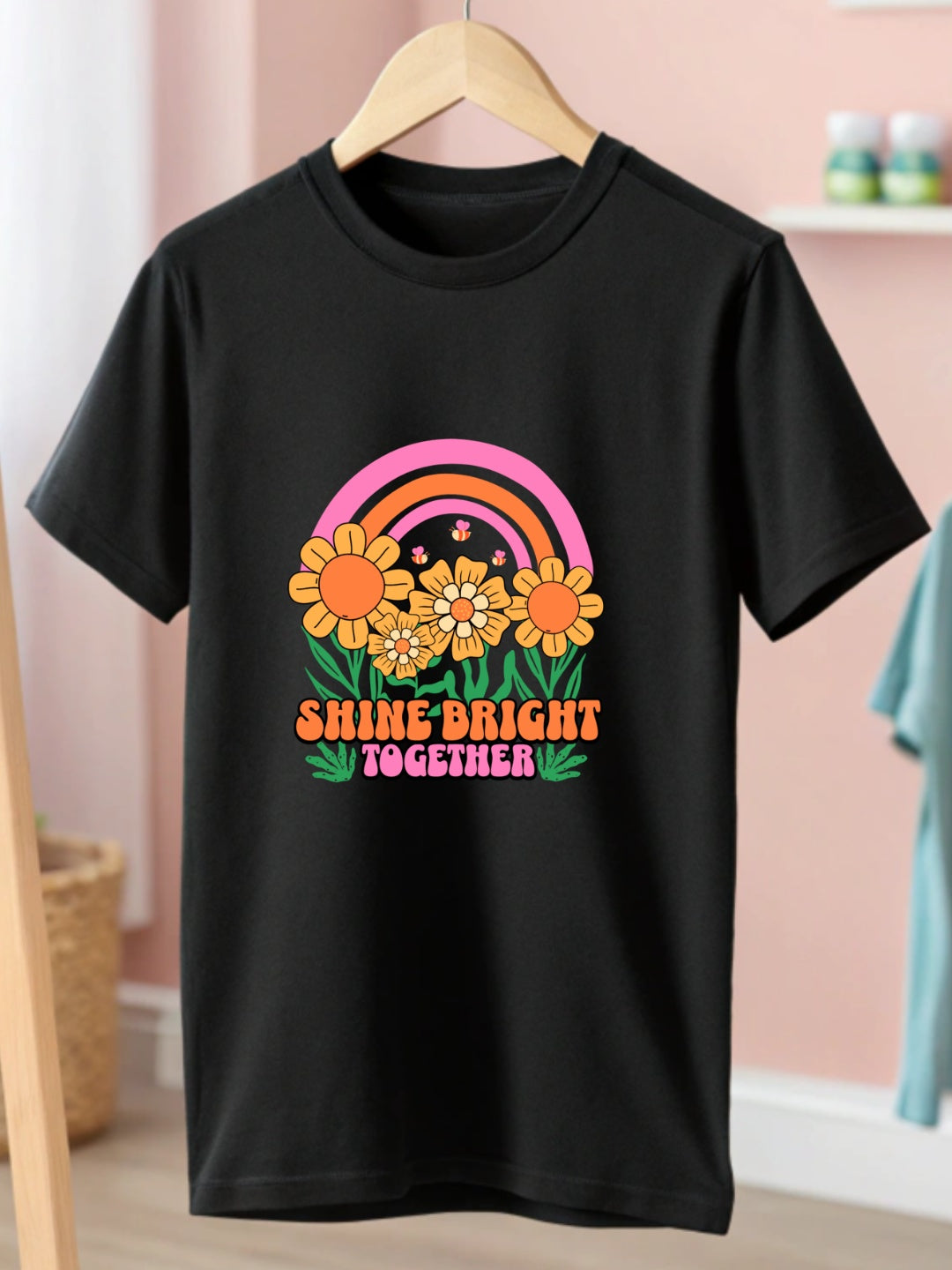 CIASARA floral t-shirt for girls in black with colorful sunflower graphic and Shine Bright Together text