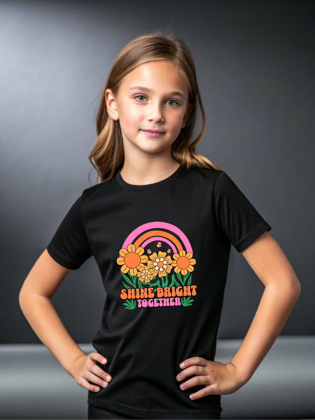 CIASARA floral t-shirt for girls in black with colorful flower and rainbow design
