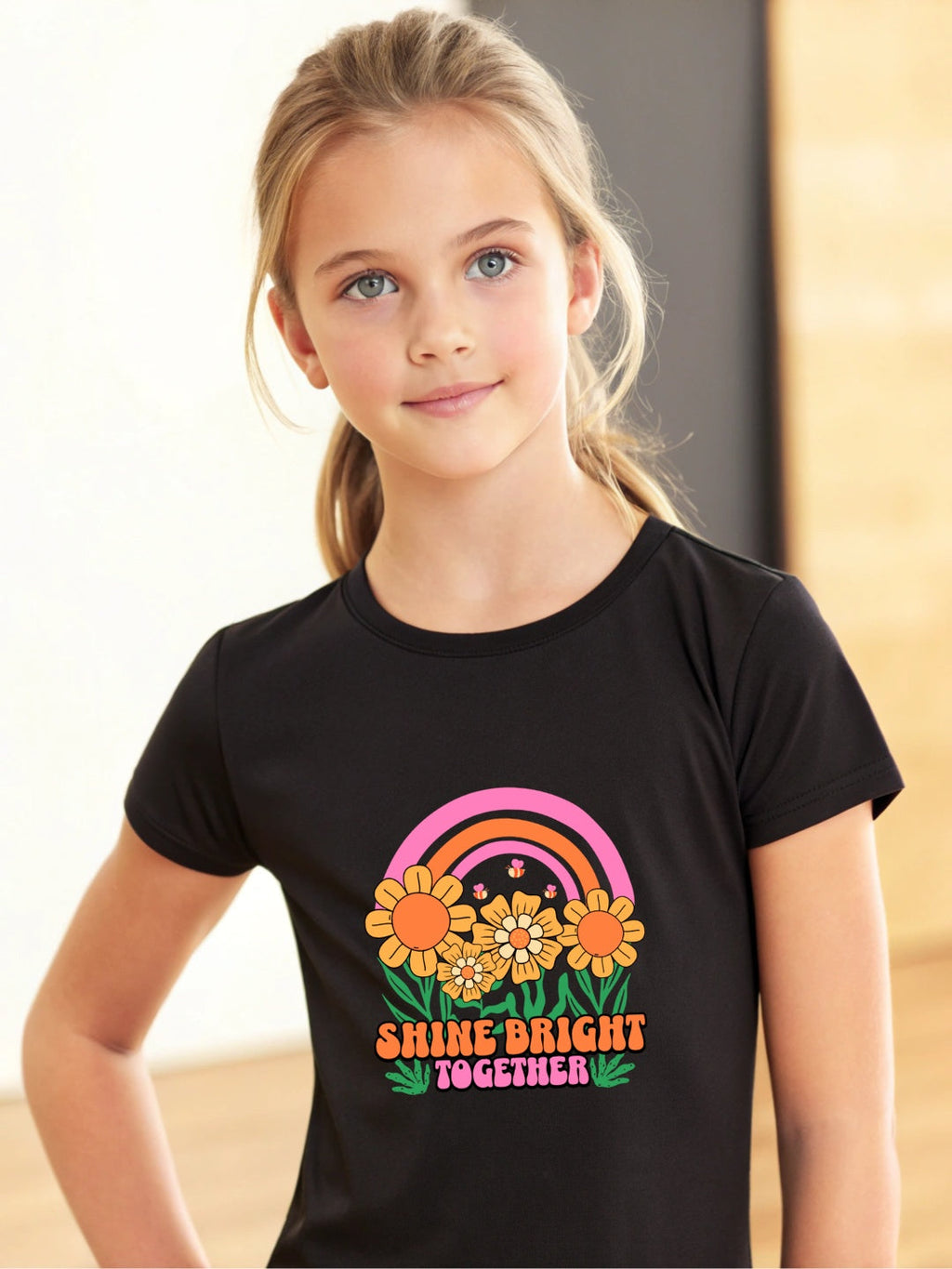 CIASARA floral t-shirt for girls with colorful sunshine and flower design in black