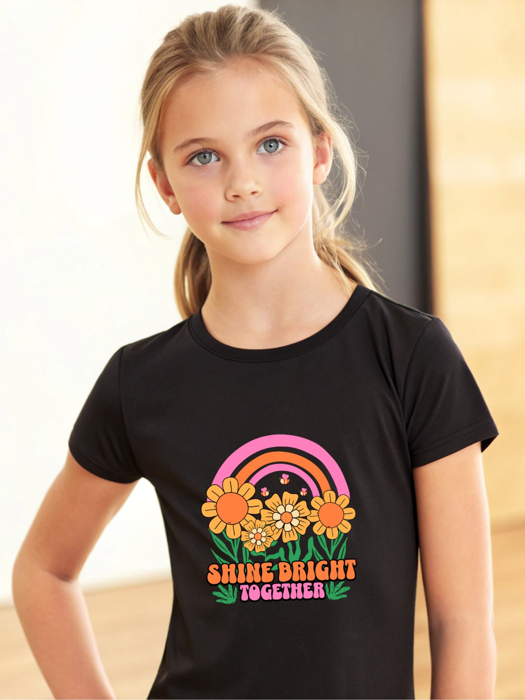 CIASARA floral t-shirt for girls with colorful sunshine and flower design in black