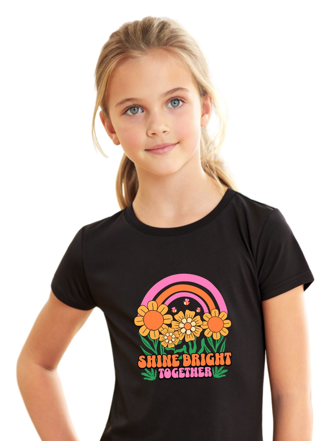 CIASARA black floral t-shirt for girls with colorful flower graphic and Shine Bright Together text