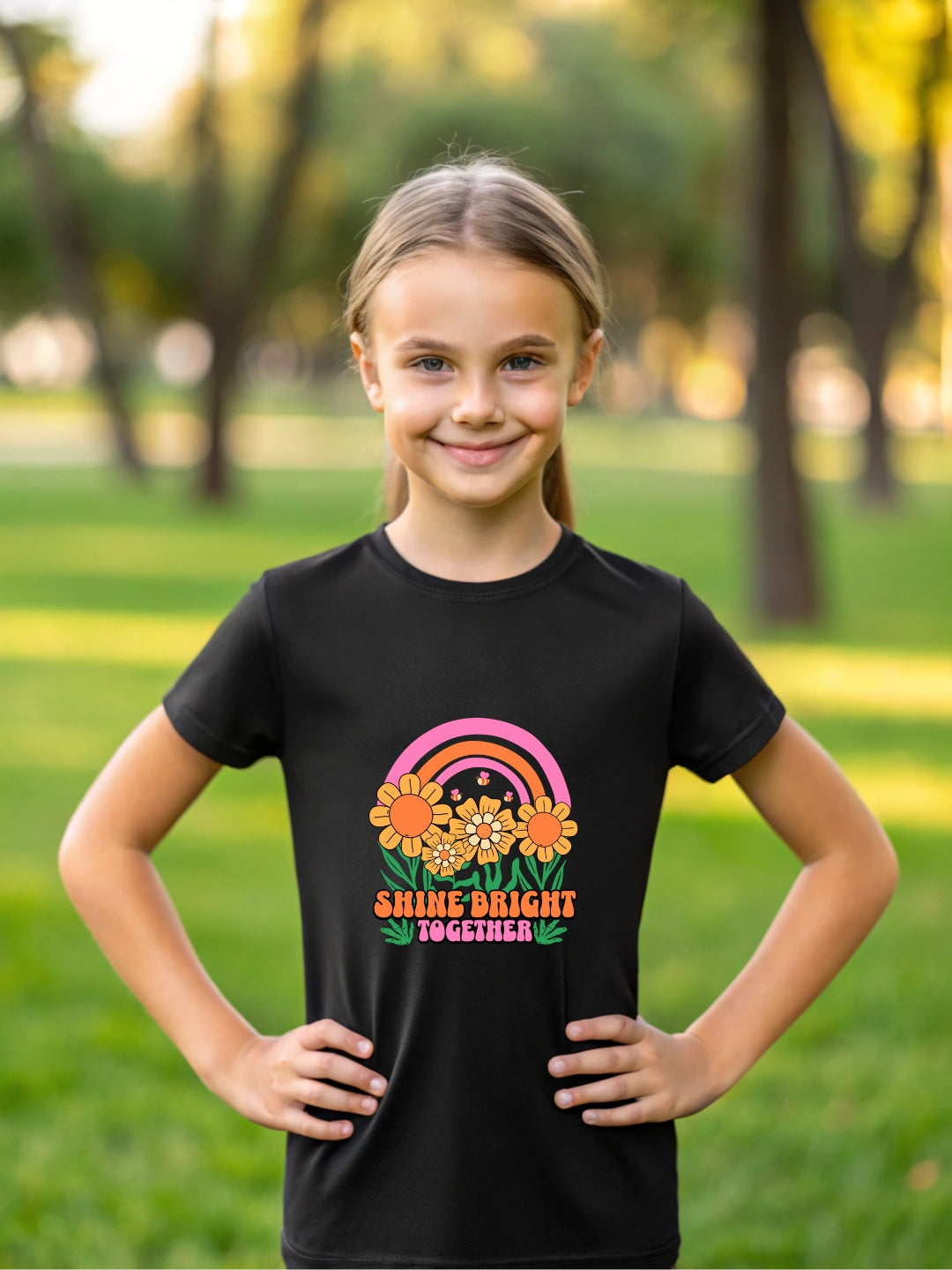 CIASARA floral t-shirt for girls with colorful flowers and rainbow design in black