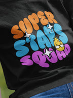 CIASARA funny cartoon t-shirt for boys with colorful Super Stars Squad graphic on black fabric