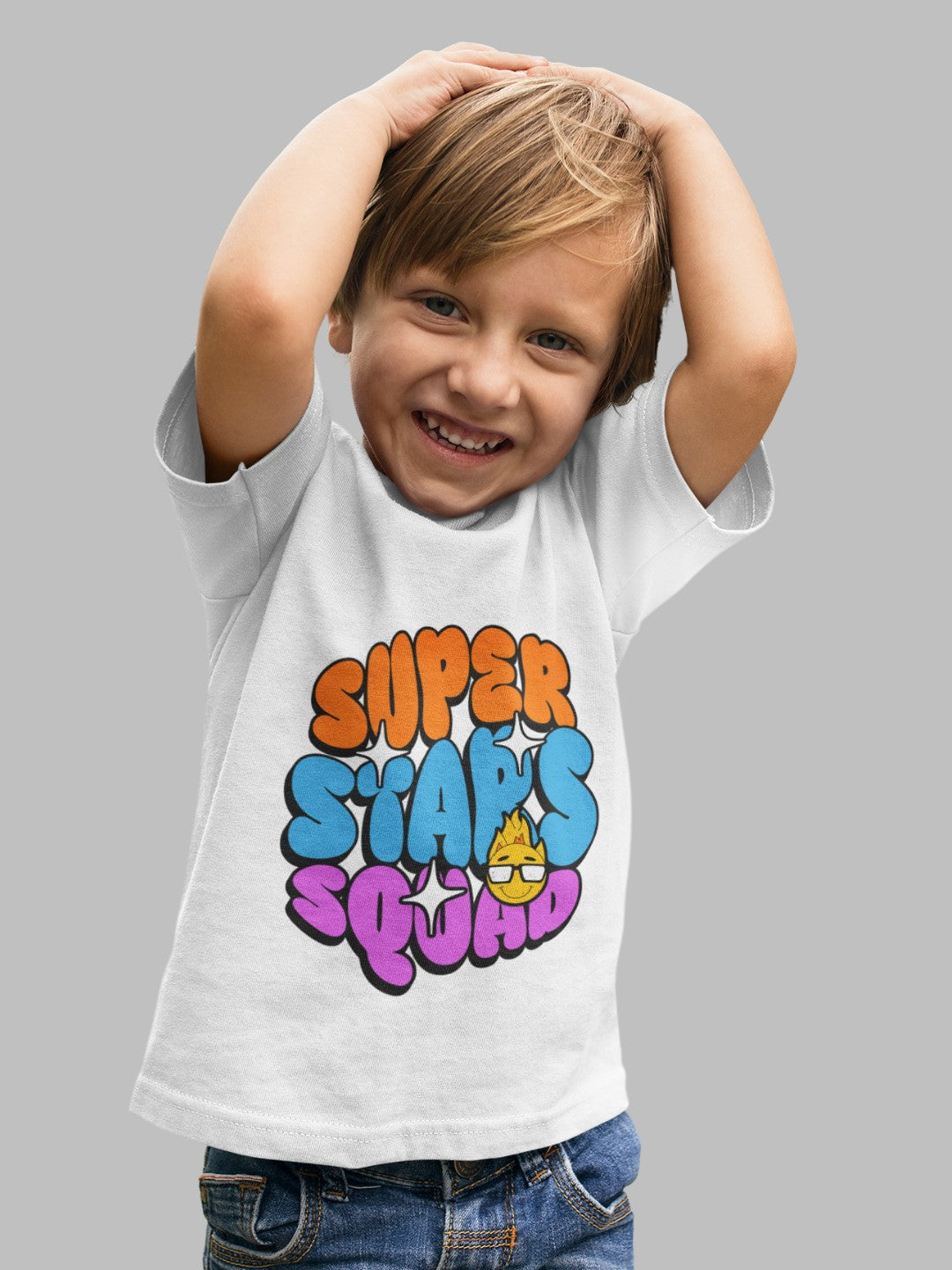 Boys white funny cartoon t-shirt for boys with colorful super stars squad graphic