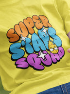 CIASARA funny cartoon t-shirt for boys with colorful super stars squad graphic on yellow fabric