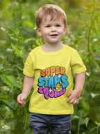 Funny cartoon t-shirt for boys featuring colorful Super Stars Squad graphic on yellow tee