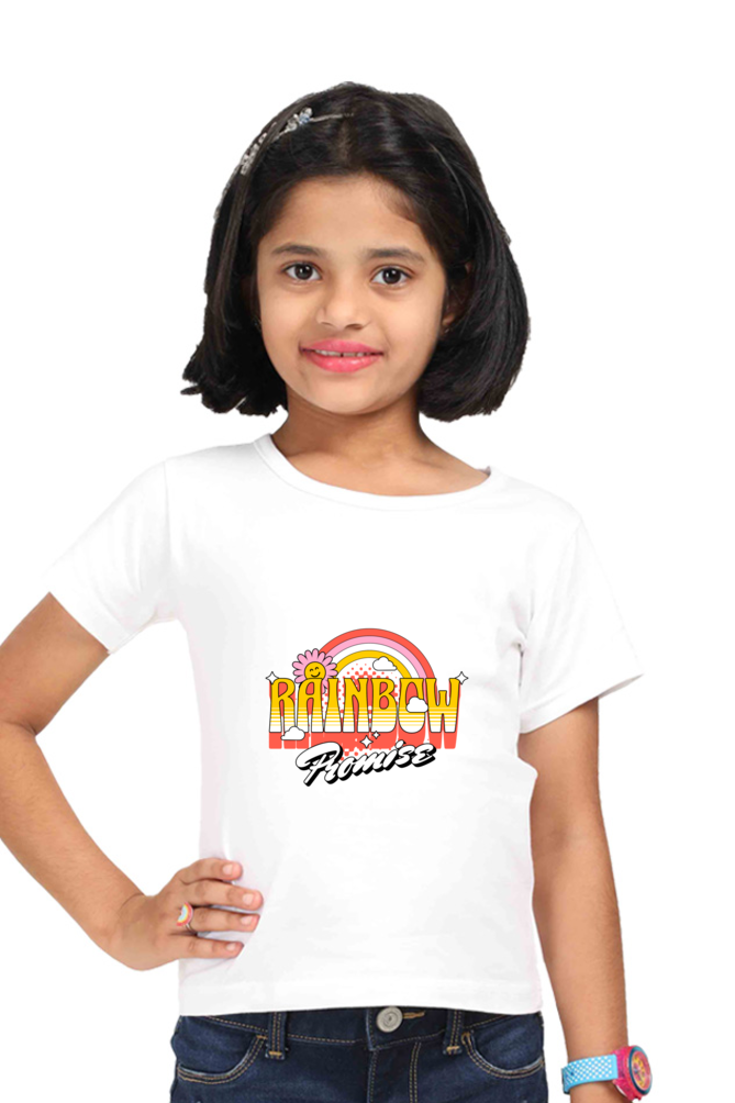 CIASARA girls rainbow graphic t-shirt white cotton with colorful rainbow print worn by young girl