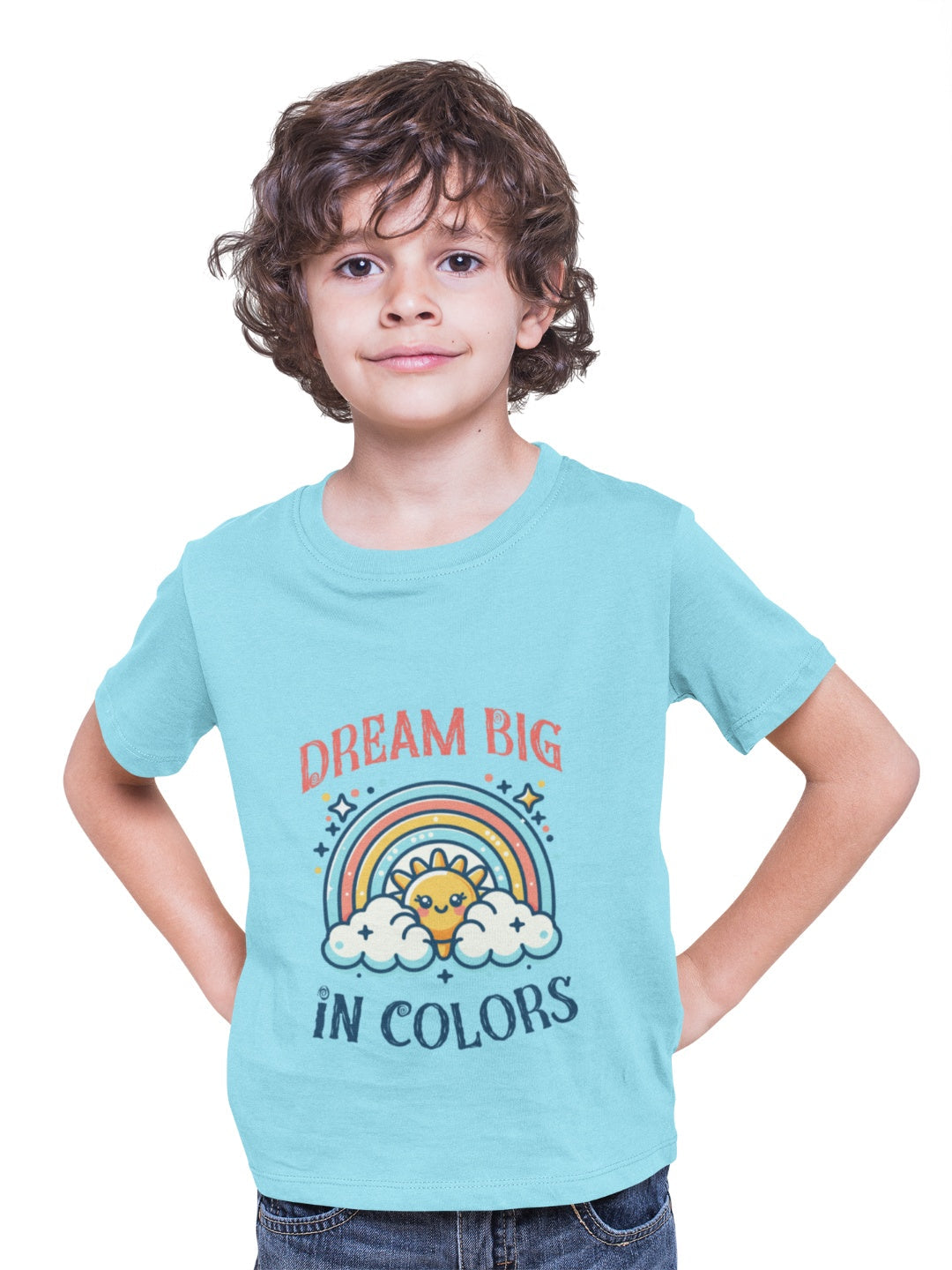 Unique boys t-shirt with rainbow design in light blue featuring Dream Big in Colors print