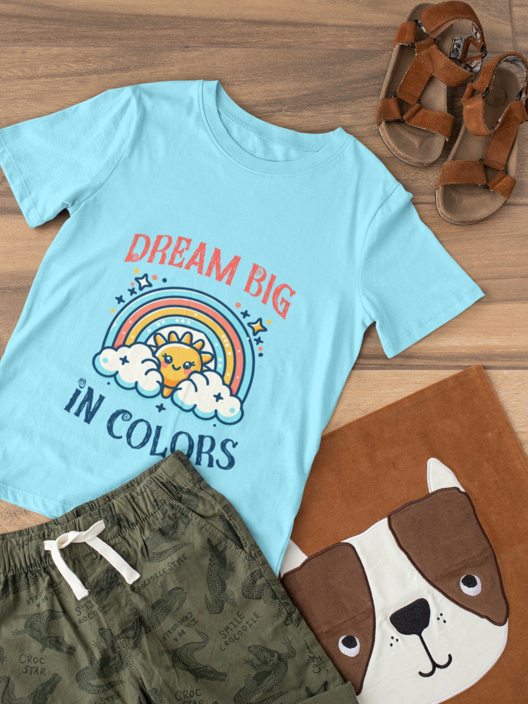 CIASARA unique boys t-shirt with rainbow design and Dream Big in Colors print on light blue fabric