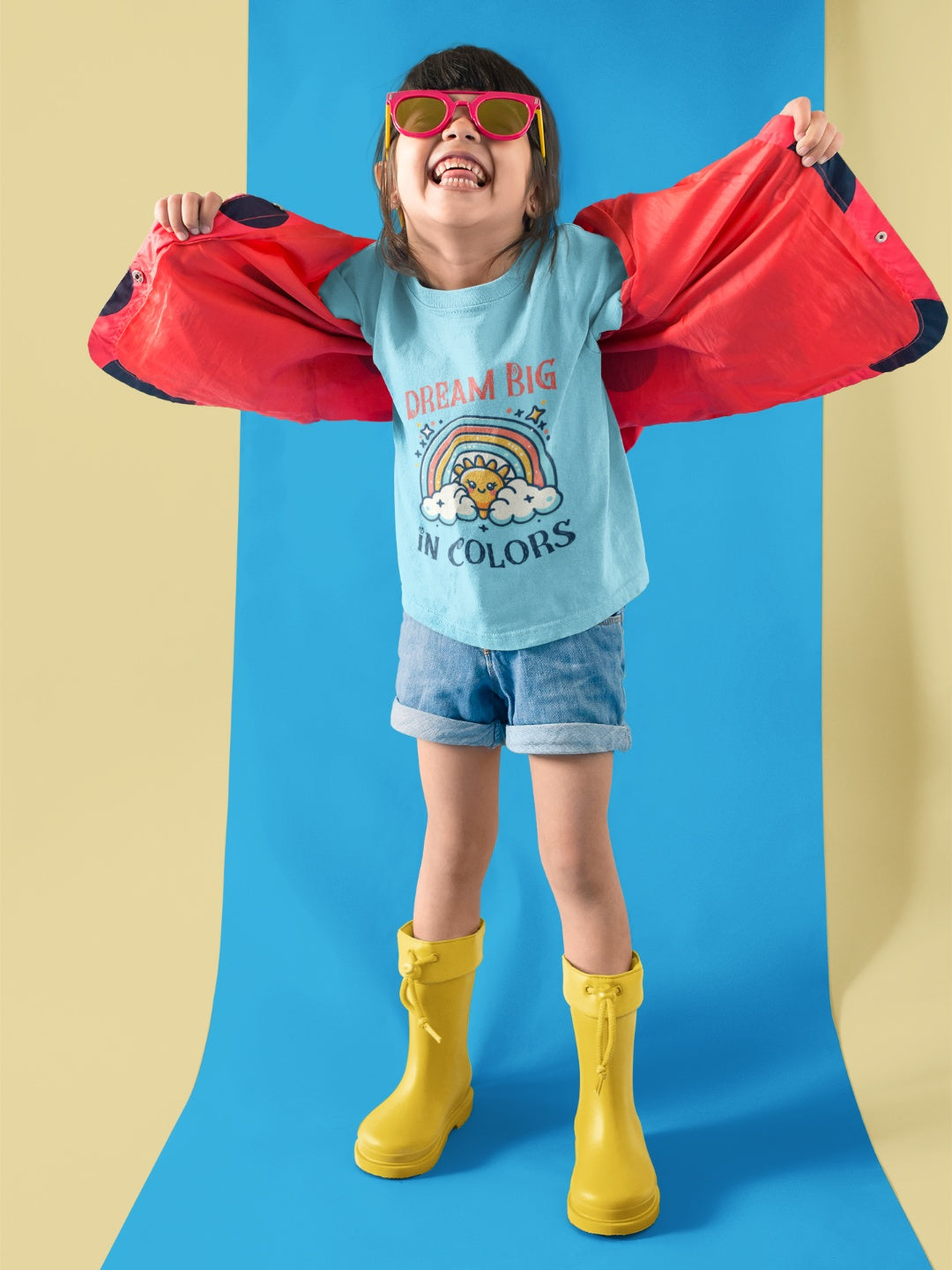 Unique boys t-shirt with rainbow design featuring dream big print worn with red jacket and yellow boots
